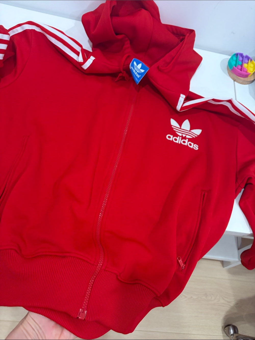 adidas Red Kids Hooded Track Jacket with White Stripes